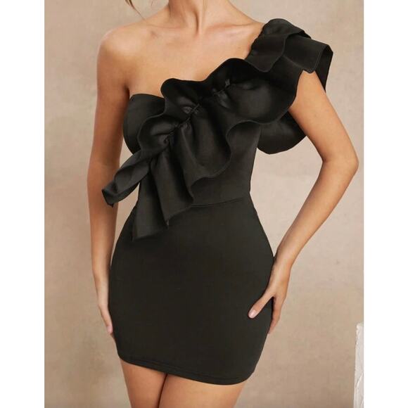 One Shoulder Black Bodycon Mini Dress – Ruffle Sleeve Medium NWT - Picture 2 of 5